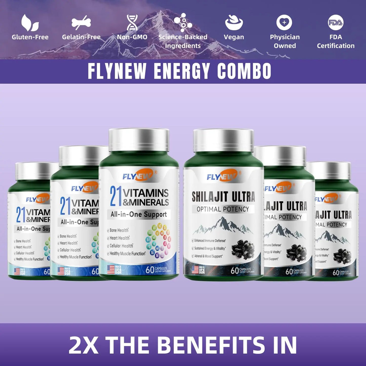 Shilajit Ultra & 21 All-In-One Vitamins Bundle - 120 Capsules with 85+ Trace Minerals & Pure Himalayan Organic Resin for Optimal Health Support - Fitness, Healthcare