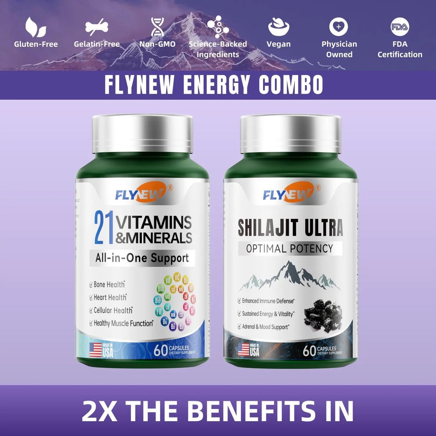 Shilajit Ultra & 21 All-In-One Vitamins Bundle - 120 Capsules with 85+ Trace Minerals & Pure Himalayan Organic Resin for Optimal Health Support - Fitness, Healthcare