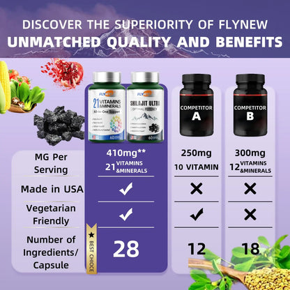 Shilajit Ultra & 21 All-In-One Vitamins Bundle - 120 Capsules with 85+ Trace Minerals & Pure Himalayan Organic Resin for Optimal Health Support - Fitness, Healthcare