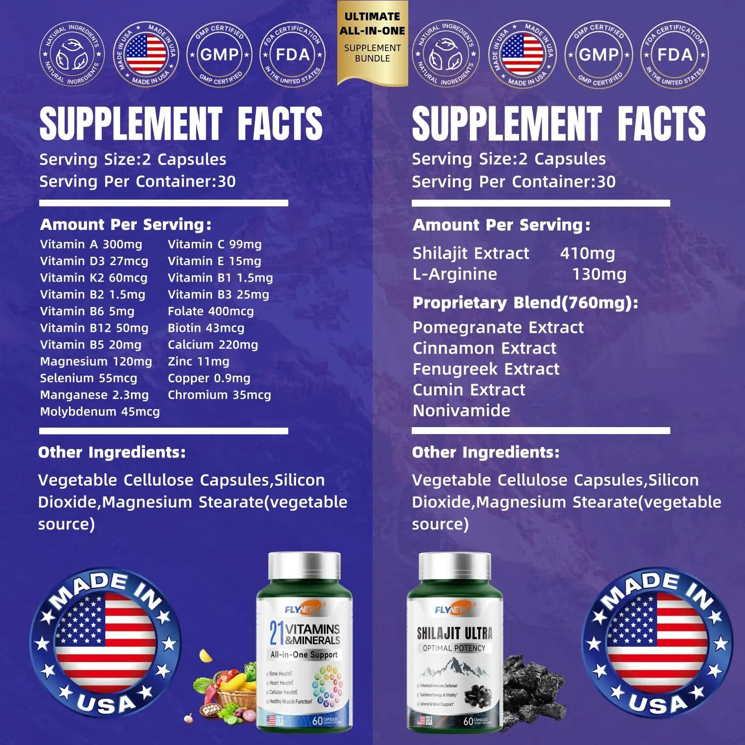 Shilajit Ultra & 21 All-In-One Vitamins Bundle - 120 Capsules with 85+ Trace Minerals & Pure Himalayan Organic Resin for Optimal Health Support - Fitness, Healthcare