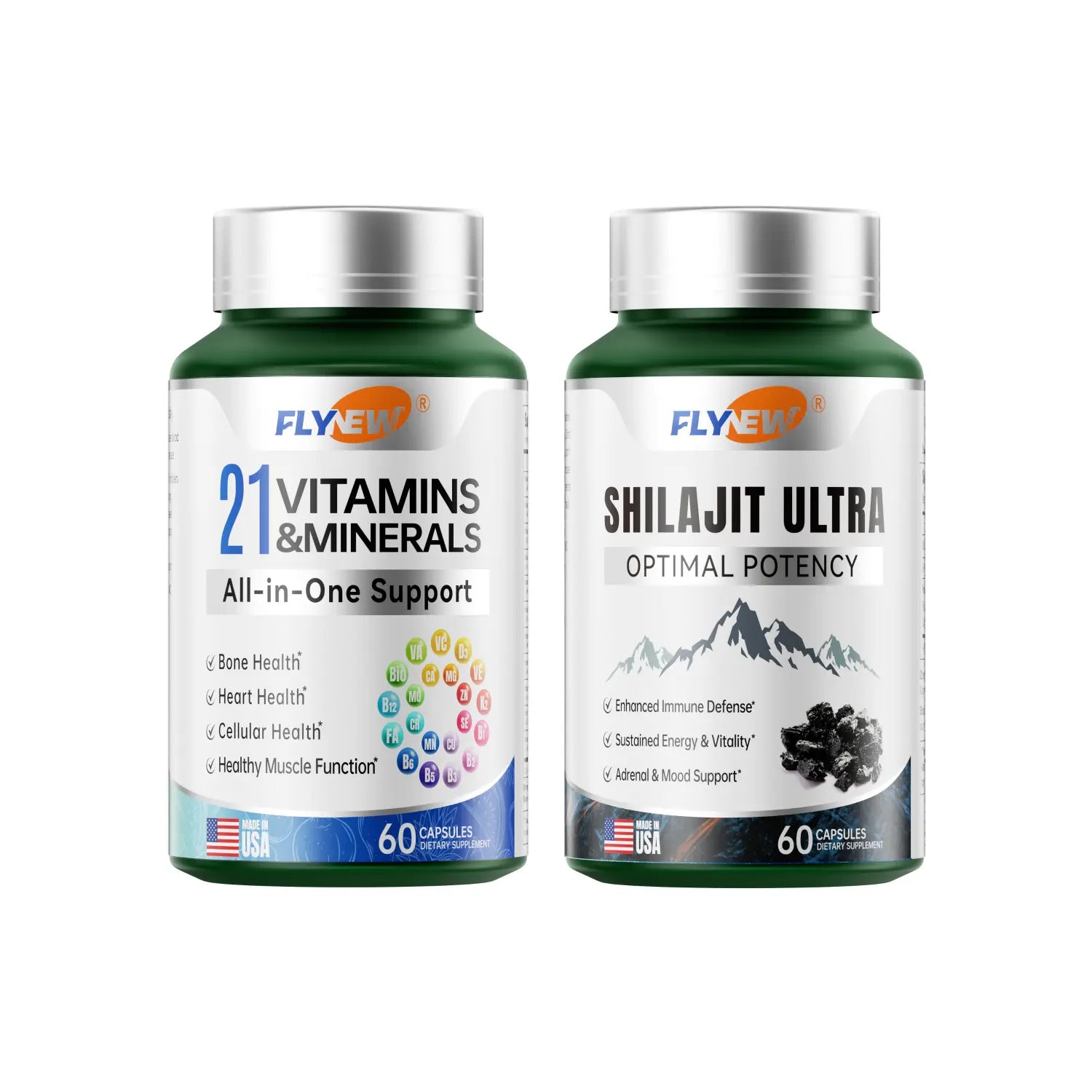 Shilajit Ultra & 21 All-In-One Vitamins Bundle - 120 Capsules with 85+ Trace Minerals & Pure Himalayan Organic Resin for Optimal Health Support - Fitness, Healthcare