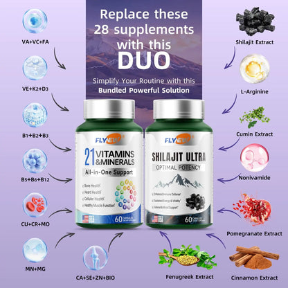 Shilajit Ultra & 21 All-In-One Vitamins Bundle - 120 Capsules with 85+ Trace Minerals & Pure Himalayan Organic Resin for Optimal Health Support - Fitness, Healthcare