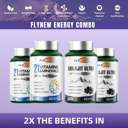 Shilajit Ultra & 21 All-In-One Vitamins Bundle - 120 Capsules with 85+ Trace Minerals & Pure Himalayan Organic Resin for Optimal Health Support - Fitness, Healthcare